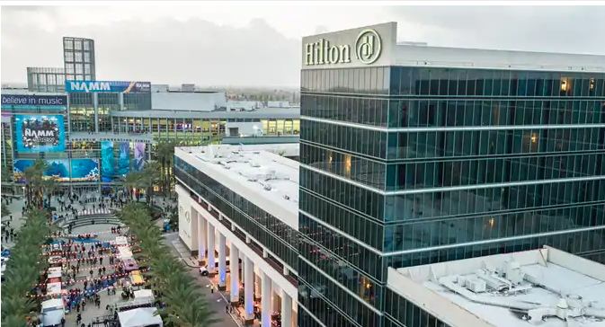 Aerial view of the Anaheim Hilton and Anaheim Convention centre